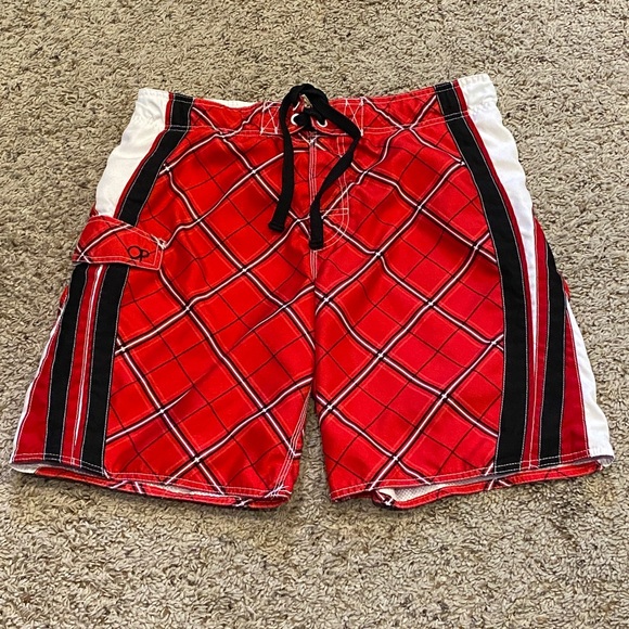 Men’s OP Swim Trunks Board Shorts Mesh Lined Red Black Plaid Sz Medium 32|34 VGC - Picture 1 of 6